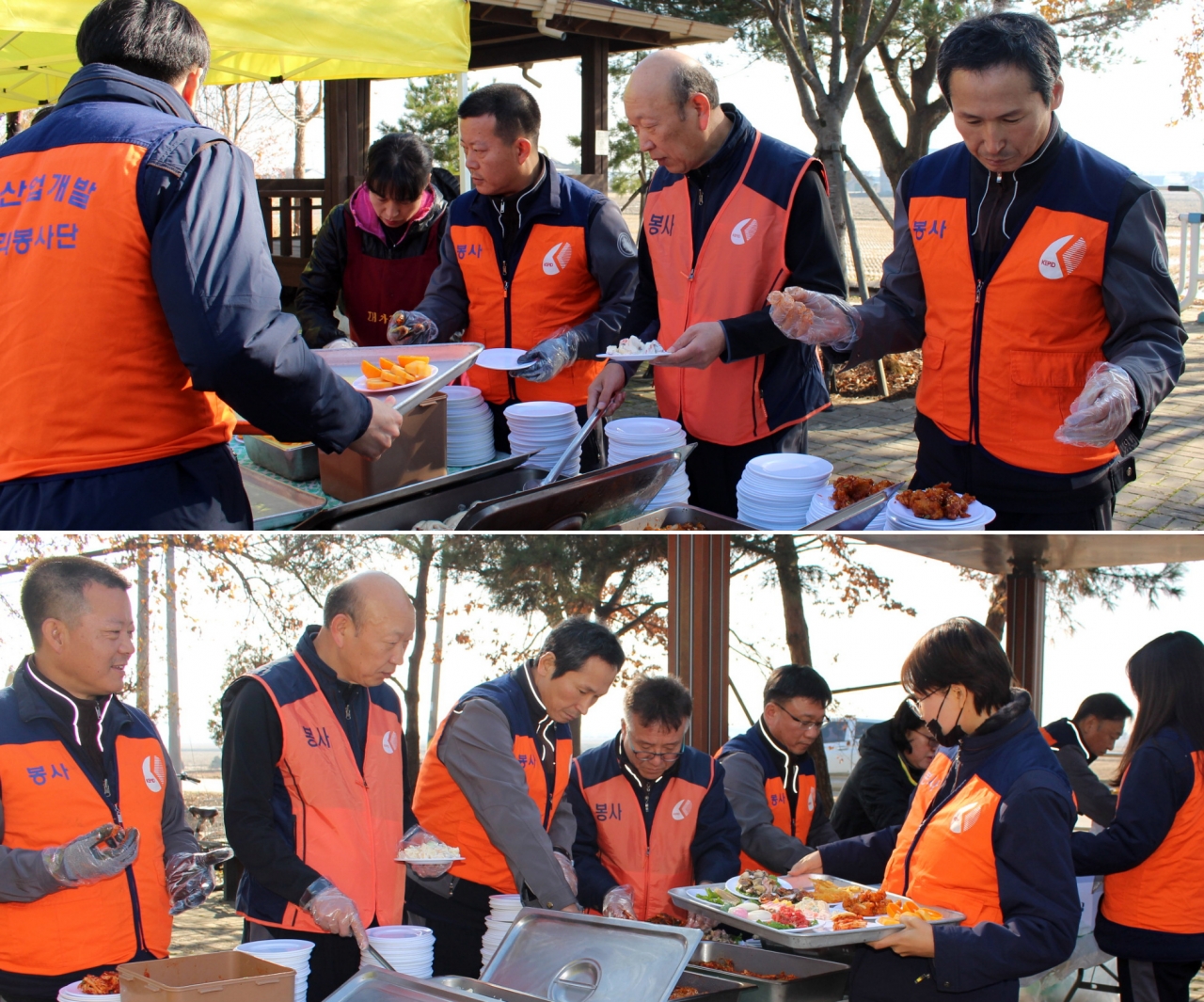 지난 28일 소반마을(충남 당진시 소재)에서 한전산업개발 당진사업처 직원들이 마을주민 점심대접을 위한 음식배식을 하고 있다.
